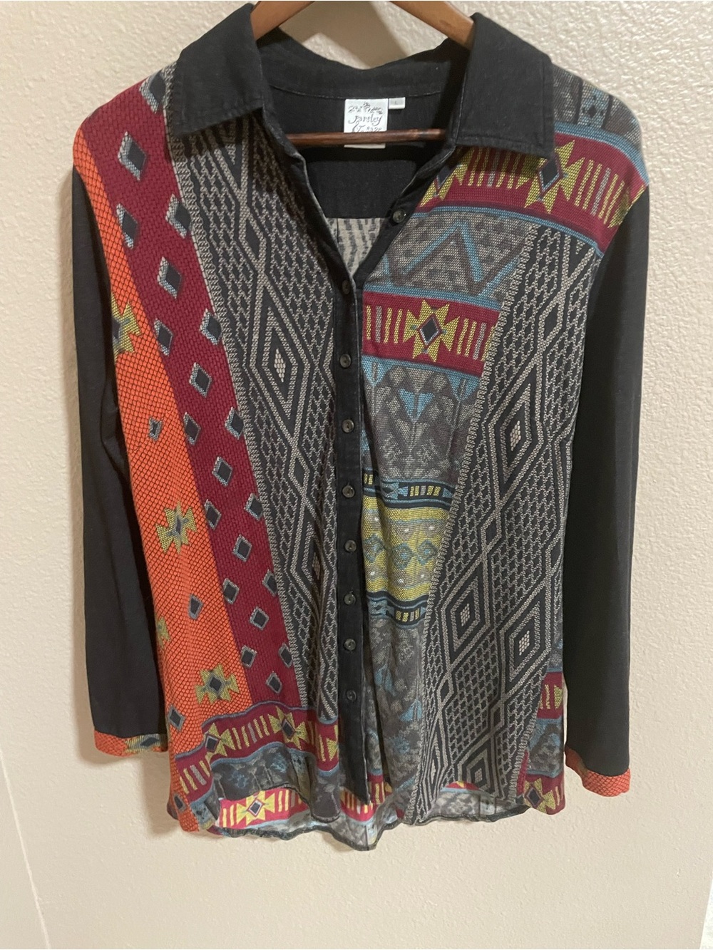 Parsley & Sage Black Button-Front Top with Multicolor Aztec Panels